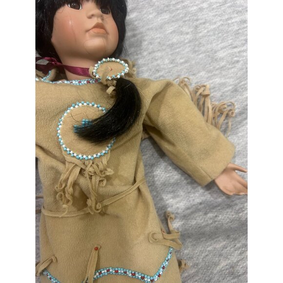 Many Stars Native Indian Porcelain Girls Doll Black Hair Brown Dress - Picture 4 of 11